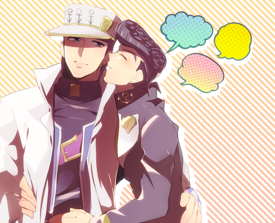 2boys, black_hair, gakuran, hat, higashikata_josuke, jojo_no_kimyou_na_bouken, kazumi_(uta915), kuujou_joutarou