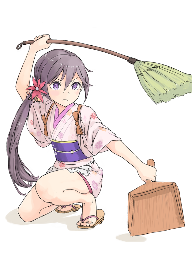 >:(, 10s, 1girl, akebono_(kancolle), akebono_(new_year)_(kancolle), apron, bell, broom