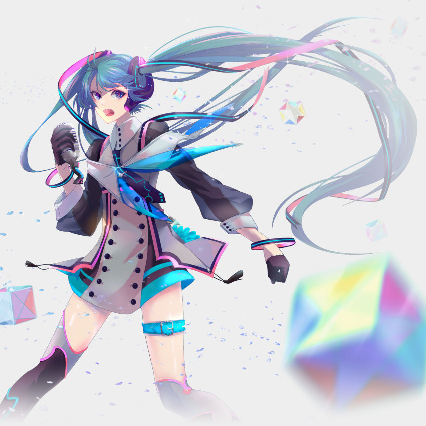 >:d, 1girl, :d, aqua_hair, belt, black_legwear, blurry, bracelet