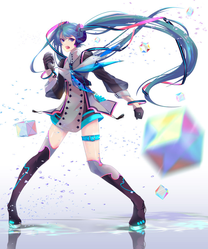 >:d, 1girl, :d, aqua_eyes, aqua_hair, belt, black_thighhighs, blue_hair