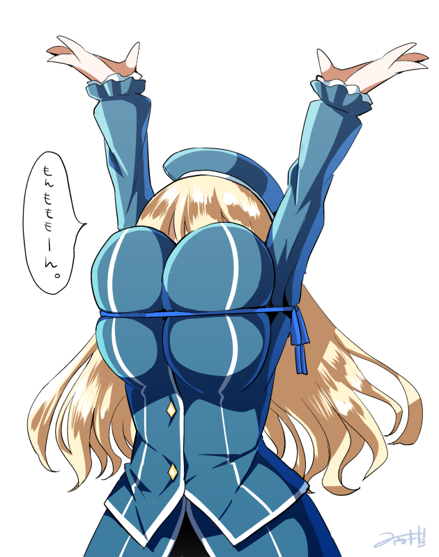 1girl, arms_up, atago_(kancolle), blonde_hair, breasts, bursting_breasts, dungeon_ni_deai_wo_motomeru_no_wa_machigatteiru_darou_ka, female_focus, hat, huge_breasts, inconvenient_breasts, kantai_collection, long_hair, pan-pa-ka-paaan!, parody, rei_no_himo, ribbon, solo, you're_doing_it_wrong, yuuki_hb