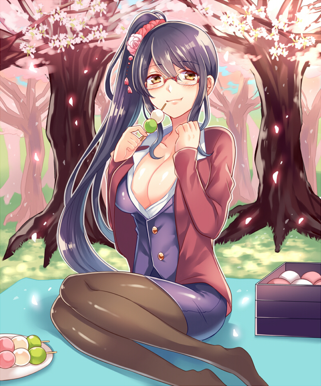 1girl, black_hair, breasts, cherry_blossoms, cleavage, female_focus, glasses, hanami