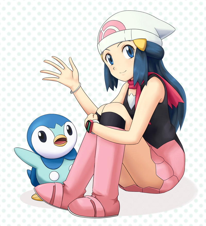 1girl, beanie, blue_eyes, blue_hair, boots, dawn_(pokemon), gen_4_pokemon, hat