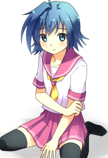 10s, 1boy, ahoge, black_thighhighs, blue_eyes, blue_hair, blush, cardfight!!_vanguard, crossdressing, crossdressing_(mtf), full_body, male_focus, matching_hair/eyes, sanchoume, school_uniform, sendou_aichi, serafuku, short_hair, simple_background, skirt, smile, solo, thighhighs, trap, white_background