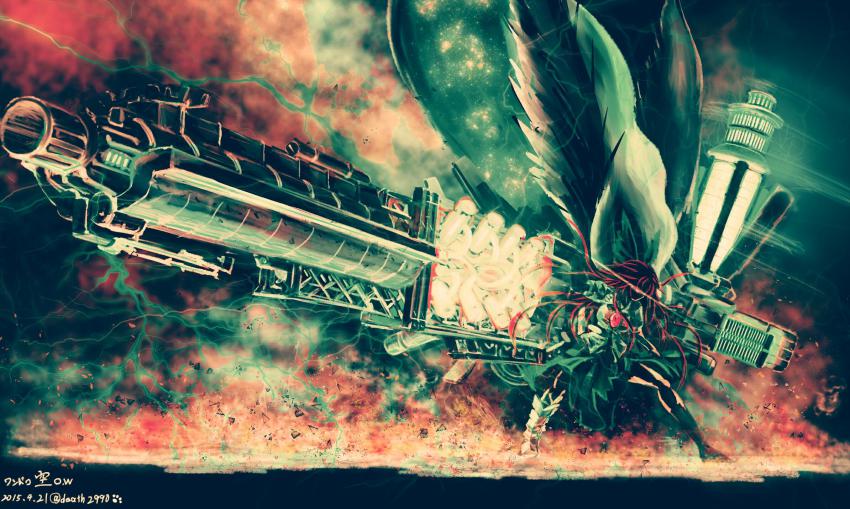 1girl, aiming, alternate_weapon, arm_cannon, armored_boots, armored_core, armored_core_v, artist_name