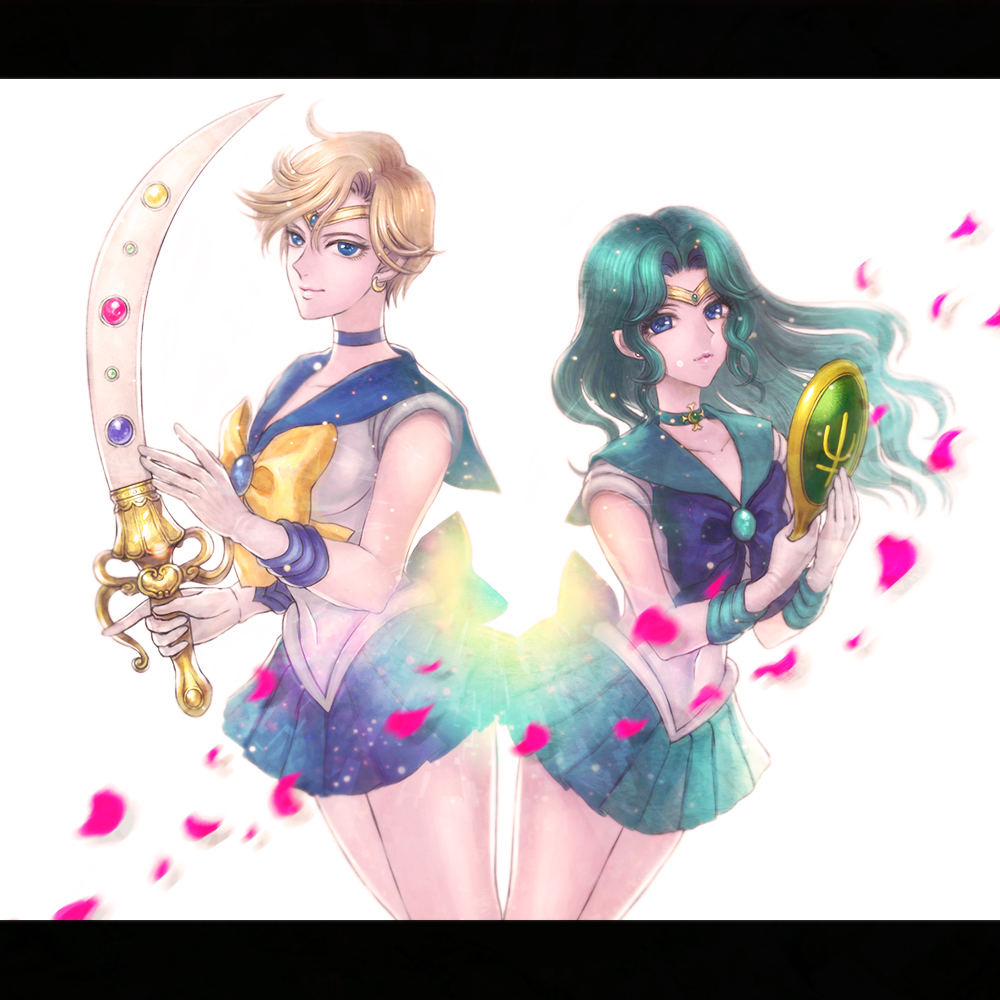 2girls, aqua_skirt, bishoujo_senshi_sailor_moon, blue_bow, blue_sailor_collar, blue_skirt, bow, choker