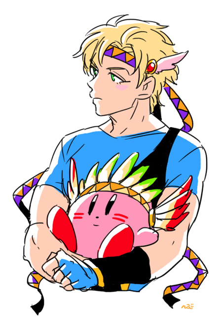 1boy, bad_id, bad_pixiv_id, blonde_hair, caesar_anthonio_zeppeli, crossover, facial_mark, feather_hair_ornament