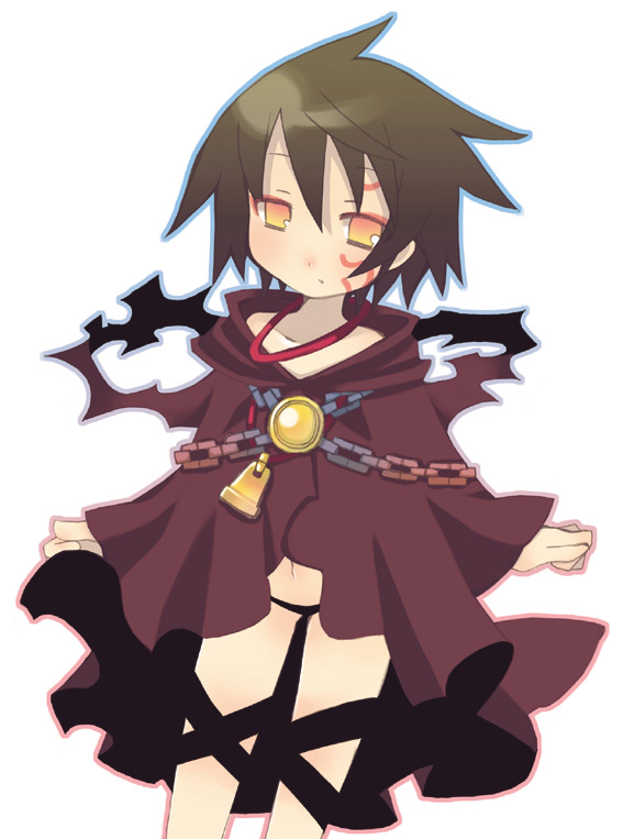 1girl, atlus, azuma_masakadu, black_panties, brown_hair, chain, cloak, collarbone, cowboy_shot, curse_maker, curse_maker_4, etrian_odyssey, female_focus, long_sleeves, looking_at_viewer, orange_eyes, panties, simple_background, solo, spiked_hair, standing, thigh_strap, underwear, white_background