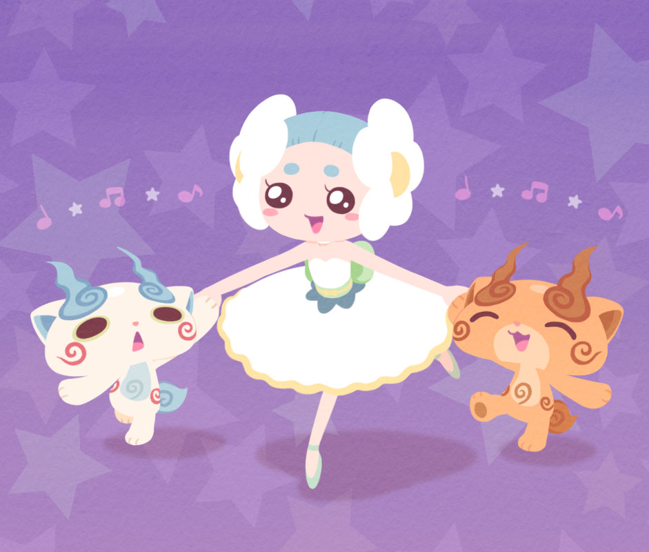 10s, 1girl, ^_^, ballerina, beamed_quavers, blue_hair, blush_stickers, brothers, chuno, closed_eyes, crotchet, holding_hands, komajirou, komasan, musical_note, netaballerina, open_mouth, purple_background, quaver, siblings, star_(symbol), traditional_youkai, youkai_watch
