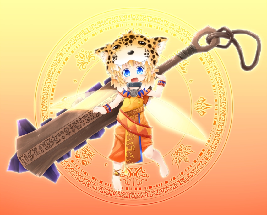 1girl, aztec, blonde_hair, blue_eyes, chibi, collar, fairy, fang, fangs, fantasy, female_focus, full_body, glowing, glowing_eyes, huge_weapon, jaguar_warrior, kso, looking_at_viewer, macuahuitl, mew_azteca, mexico, original, solo, tribal, weapon