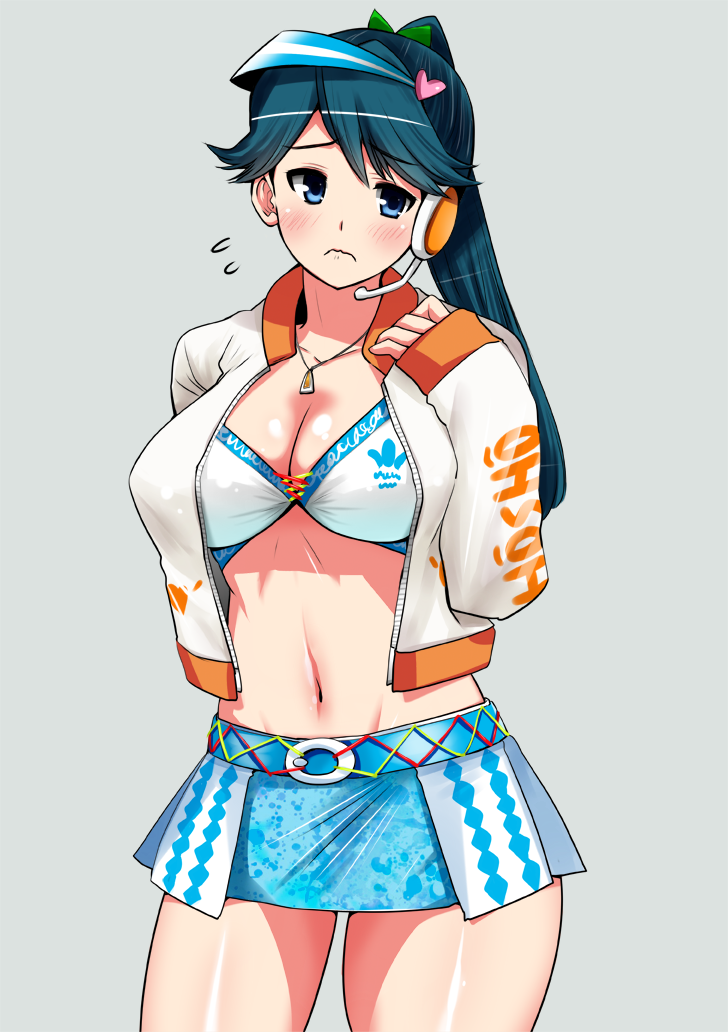 1girl, alternate_breast_size, bikini, bikini_top_only, black_hair, blue_skirt, blush, breasts