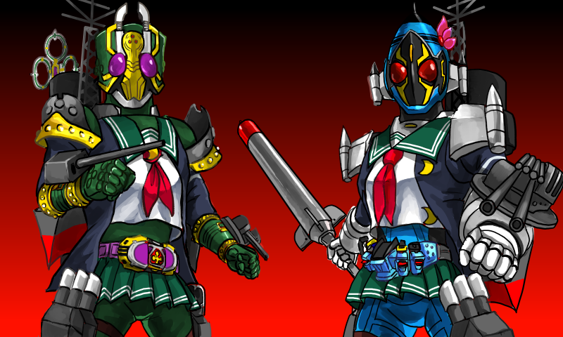 2boys, armor, cannon, cosplay, crossover, hair_ornament, holding, holding_sword