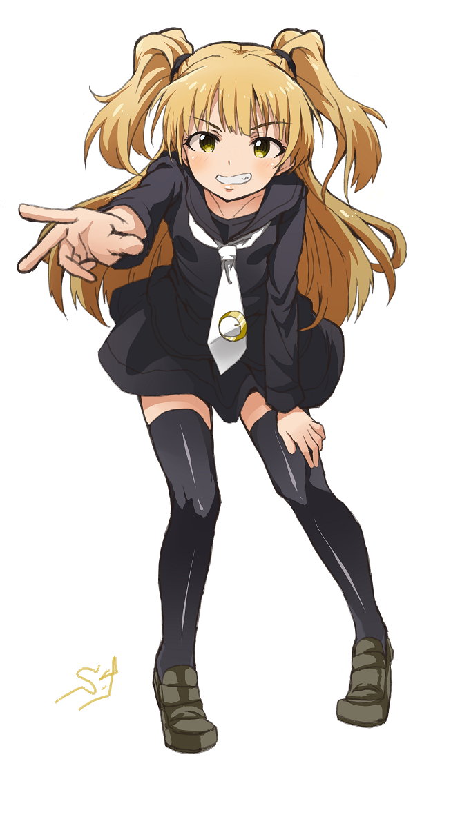 1girl, black_serafuku, collarbone, cosplay, female_focus, idolmaster, idolmaster_cinderella_girls, jougasaki_rika, kantai_collection, light_brown_hair, long_hair, looking_at_viewer, necktie, satsuki_(kancolle), satsuki_(kancolle)_(cosplay), school_uniform, scrunchie, serafuku, shift_(waage), shoes, signature, smile, solo, thighhighs, yellow_eyes