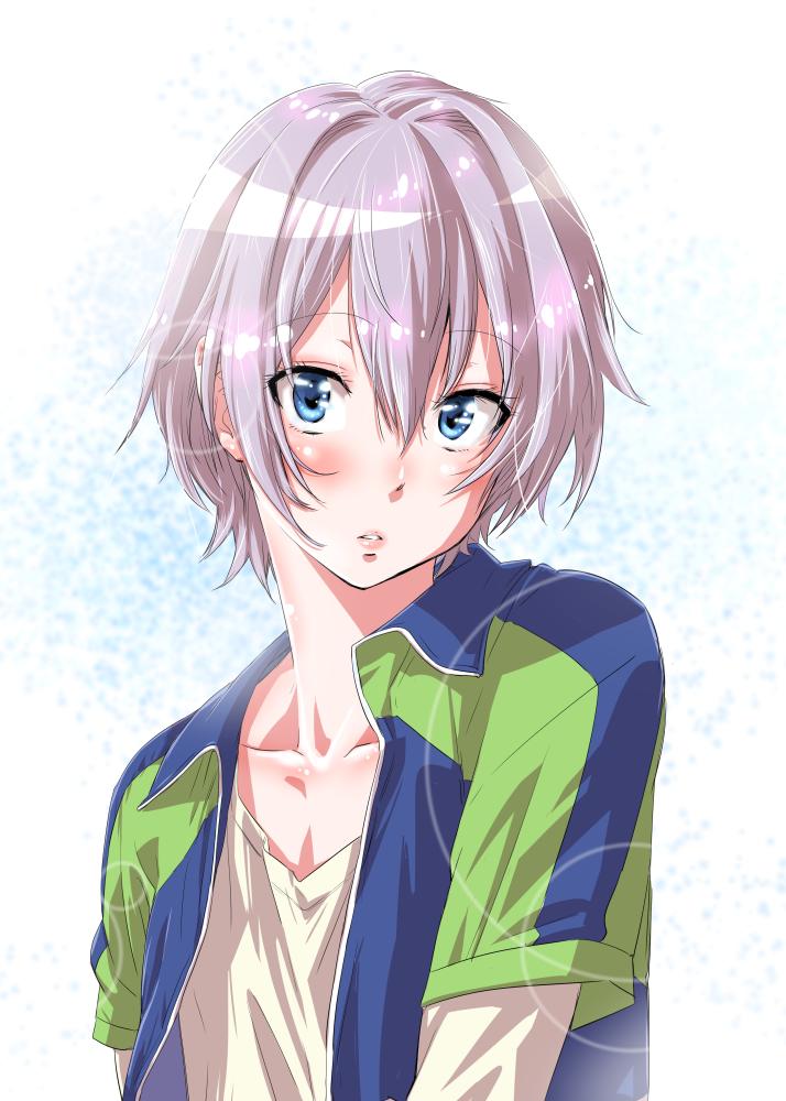 10s, 1boy, androgynous, blue_eyes, blush, collarbone, eyelashes, jacket