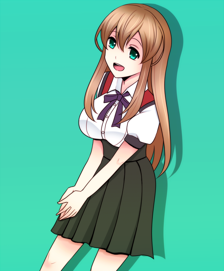 10s, 1girl, :d, aibi12634761, aqua_background, aqua_eyes, bad_id, bad_pixiv_id, bow, bowtie, breasts, collared_shirt, female_focus, gokukoku_no_brynhildr, green_skirt, hair_between_eyes, happy, large_breasts, legs, light_brown_hair, long_hair, long_skirt, looking_at_viewer, open_mouth, own_hands_together, pleated_skirt, puffy_sleeves, purple_bow, school_uniform, shadow, shirt, short_sleeves, simple_background, skirt, smile, solo, takatori_kotori, v_arms