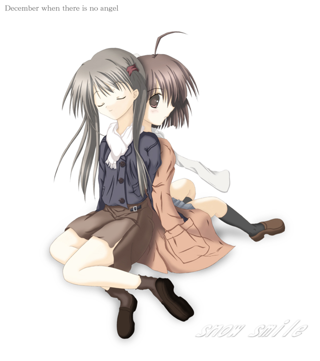 2girls, back-to-back, kida_emiri, loafers, multiple_girls, scarf, shoes, sumadera_yukio