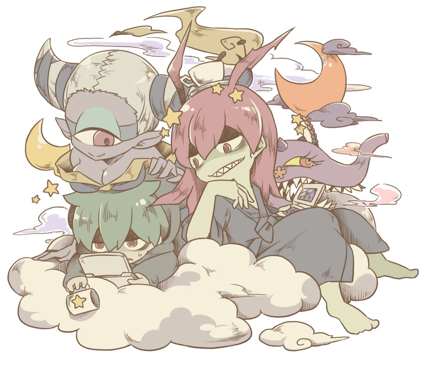 10s, 1girl, 2boys, bad_id, bad_pixiv_id, baku_(creature), baku_(youkai_watch), breasts, cleavage, cloud, colored_sclera, colored_skin, crescent, crescent_moon, cup, cyclops, fuumin_(youkai_watch), handheld_game_console, kantetsu, large_breasts, long_hair, looking_back, monster_girl, moon, mug, multiple_boys, nintendo_3ds, one-eyed, pointy_ears, purple_skin, sharp_teeth, star_(symbol), teeth, tetsuya_(youkai_watch), ticktack_chicken, traditional_youkai, white_background, yellow_sclera, youkai_watch