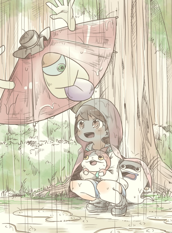 10s, 1girl, bad_id, bad_pixiv_id, brown_eyes, brown_hair, cat, cyclops, forest, ghost, green_eyes, jibanyan, karakasa_obake, karakasa_obake_(youkai_watch), kodama_fumika, nature, notched_ear, oil-paper_umbrella, one-eyed, open_mouth, purple_lips, rain, shorts, squatting, ticktack_chicken, tongue, traditional_youkai, tree, umbrella, whisper_(youkai_watch), youkai_watch