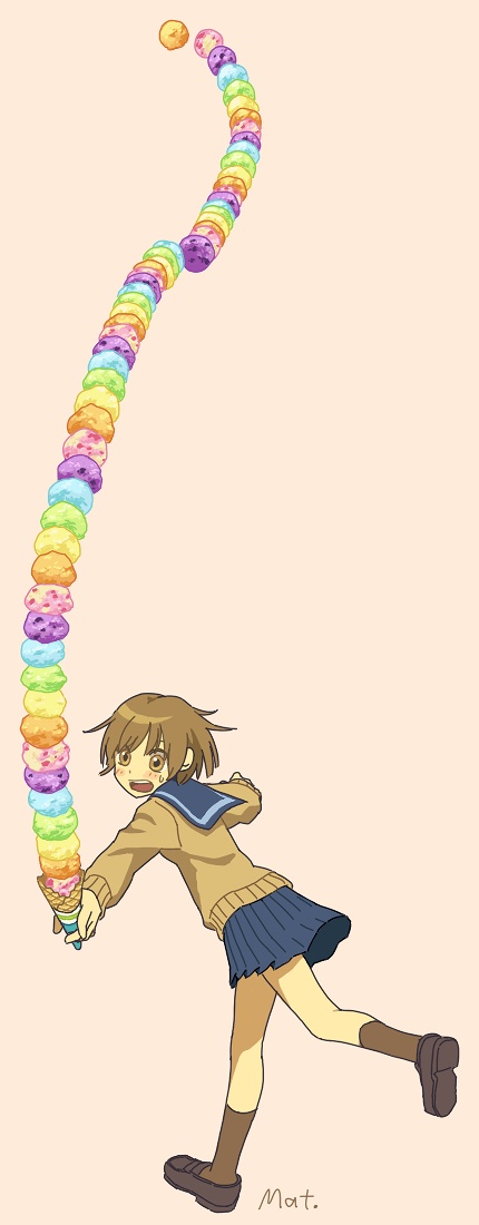 1girl, artist_name, blue_skirt, blush, brown_eyes, brown_hair, female_focus, food