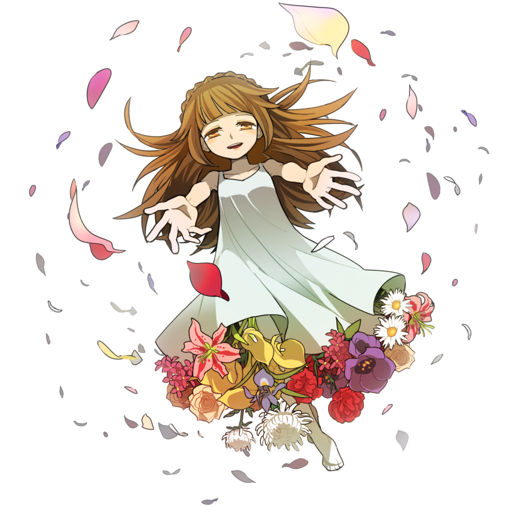 1girl, a_world_underneath, alice_(deemo), braid, brown_hair, crown_braid, daisy_(flower), deemo