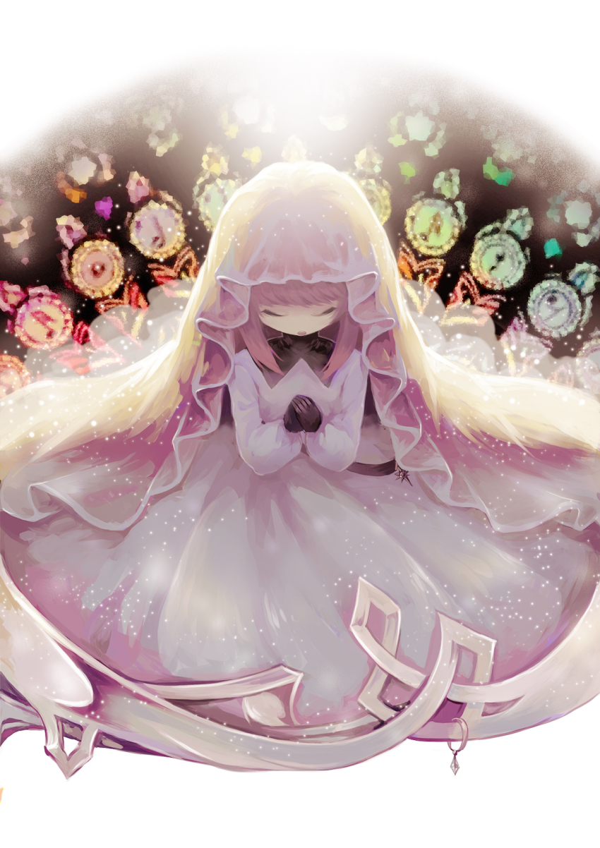1girl, alice_(deemo), closed_eyes, deemo, dress, female_focus, gloves, highres, platinum_(deemo), praying, shokujin_hatefukuchuu, solo, veil