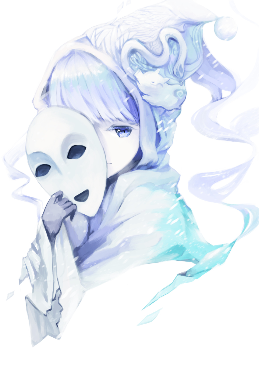 1girl, absurdres, alice_(deemo), blue_theme, deemo, female_focus, highres, hood, looking_at_viewer, mask, masked_lady_(deemo), sairai_(deemo), shokujin_hatefukuchuu, solo
