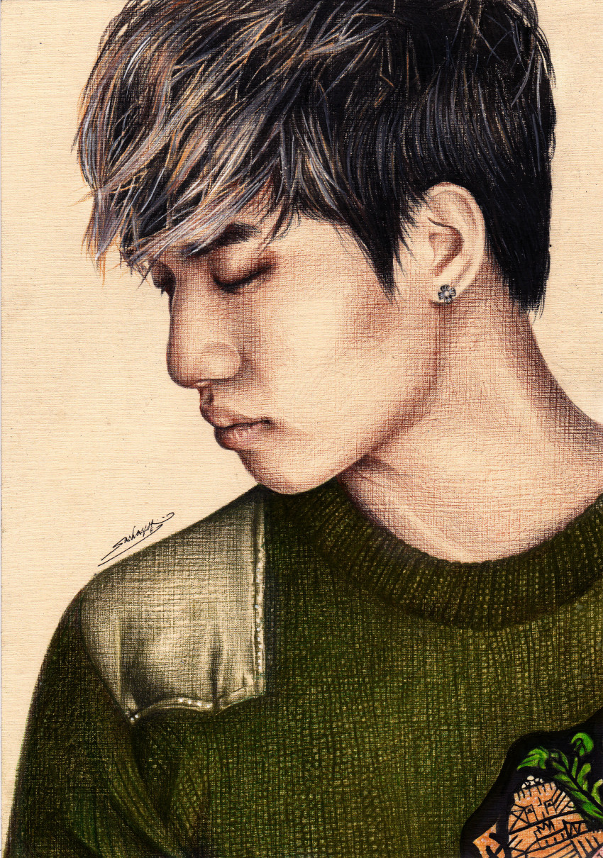 1boy, absurdres, bigbang, brown_hair, closed_eyes, daesung, earrings, green_shirt, highres, jewelry, k-pop, long_sleeves, male_focus, multicolored_hair, musician, patch, photorealistic, portrait, profile, realistic, sasha_pak, shirt, simple_background, solo, sweater, traditional_media, two-tone_hair
