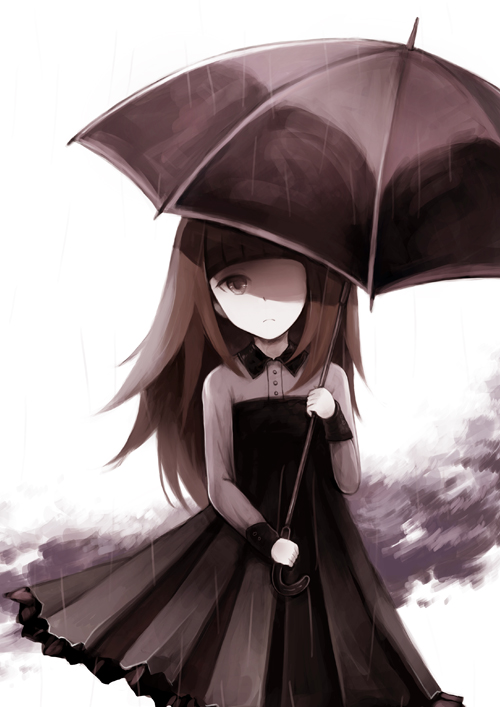 1girl, alice_(deemo), deemo, expressionless, female_focus, i_hate_to_tell_you_(deemo), long_sleeves, looking_at_viewer, rain, shirt, shokujin_hatefukuchuu, skirt, solo, umbrella
