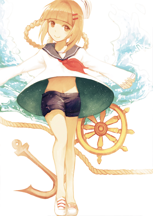 1girl, alice_(deemo), anchor, braid, brown_hair, deemo, denim, denim_shorts, female_focus, invite_(deemo), looking_at_viewer, outstretched_arms, sailor_collar, shokujin_hatefukuchuu, shorts, smile, solo, spread_arms, twin_braids