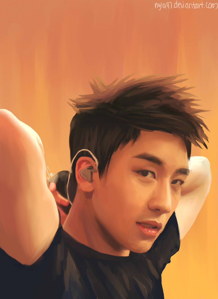 1boy, arms_behind_head, bigbang, black_shirt, brown_eyes, fingerless_gloves, gloves, highres, k-pop, looking_at_viewer, male_focus, parted_lips, portrait, seungri_(bigbang), shirt, solo, t-shirt