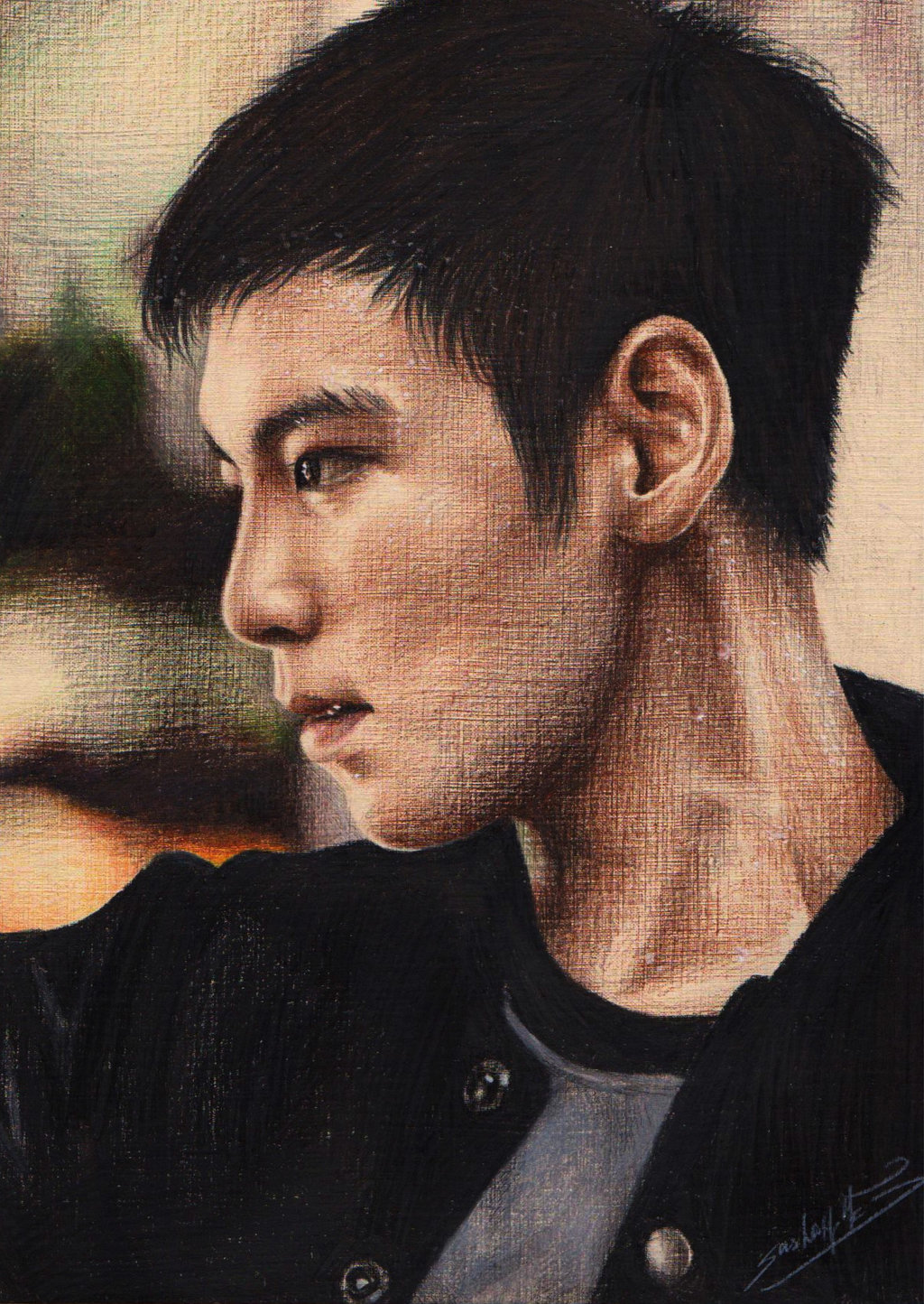 1boy, bigbang, black_hair, brown_eyes, highres, jacket, k-pop, male_focus, parted_lips, portrait, profile, realistic, sasha_pak, solo, t.o.p_(bigbang), traditional_media