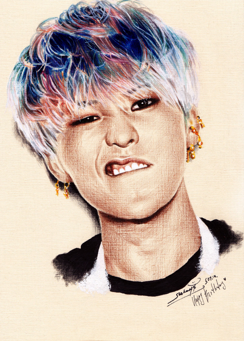 1boy, bigbang, earrings, g-dragon, grimace, highres, jewelry, k-pop, looking_at_viewer, male_focus, multicolored_hair, musician, photorealistic, piercing, portrait, realistic, sasha_pak, solo, traditional_media, upper_body