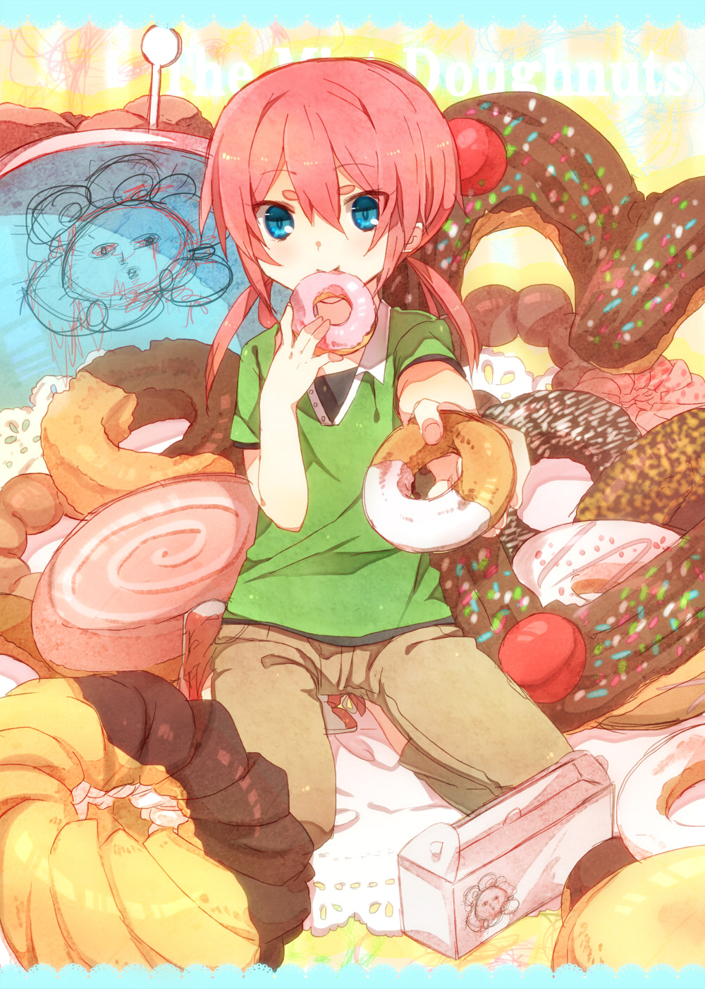 1boy, angel_french, bad_id, bad_pixiv_id, blue_eyes, choco_fashion, chocolate-covered_food, churro, colorful_heart_choco_churro, donut, english_text, food, french_cruller, golden_chocolate, highres, inazuma_eleven_(series), inazuma_eleven_go, incoming_gift, kirino_ranmaru, long_hair, looking_at_viewer, male_focus, mgmgkyun, mister_donut, old-fashioned_donut, oversized_object, pastry_box, pink_hair, pon_de_lion, pun, sakura_french, sketch, solo