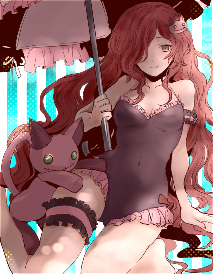10s, 1girl, anna_(granblue_fantasy), arm_garter, blush, brown_eyes, brown_hair, cat_hair_ornament, frilled_swimsuit, frilled_thigh_strap, frills, gothic_lolita, granblue_fantasy, hair_ornament, hair_over_one_eye, lolita_fashion, long_hair, looking_at_viewer, miwayama, one-piece_swimsuit, smile, stuffed_toy, swimsuit, thigh_strap, umbrella, very_long_hair