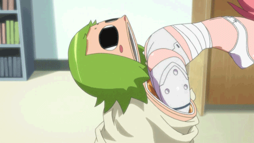 1girl, ahoge, animated, animated_gif, antennae, ass, breasts, cleavage, green_eyes, green_hair, kemeko, kemeko_(kemeko_deluxe), kemeko_deluxe, long_hair, lowres, mm, pink_hair, screencap, underwear