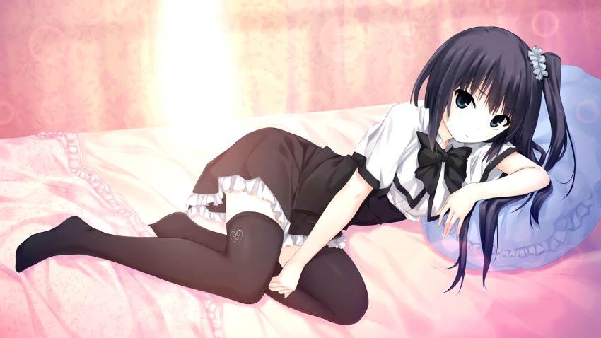 1girl, bed, bed_sheet, black_bow, black_bowtie, black_hair, black_thighhighs, blanket