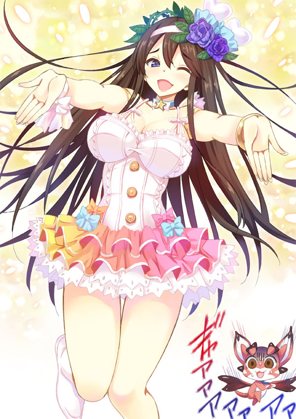 1girl, alternate_costume, bare_shoulders, blue_eyes, blush, bracelet, breasts, brown_hair