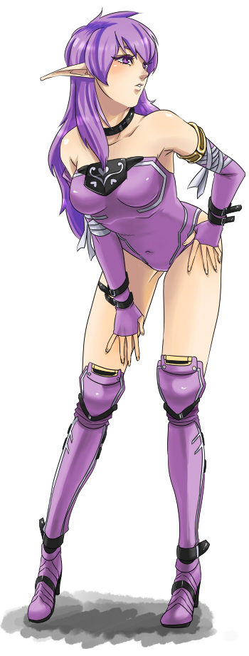 1girl, armlet, bare_shoulders, blush, boots, breasts, choker, covered_navel, elbow_gloves, female_focus, fingerless_gloves, gloves, hand_on_leg, hand_on_own_hip, hand_on_thigh, jewelry, jobiko, leaning, leaning_forward, legs, leotard, long_hair, neck, nei, parted_lips, phantasy_star, phantasy_star_ii, pointy_ears, purple_eyes, purple_gloves, purple_hair, sega, shadow, simple_background, skin_tight, solo, standing, strapless, thigh_boots, thighhighs, white_background