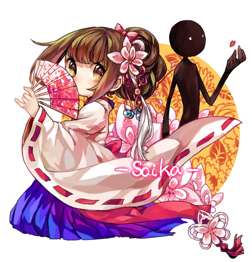 1girl, blue_hakama, brown_hair, deemo, deemo_(character), flower, folding_fan, alice_(deemo)