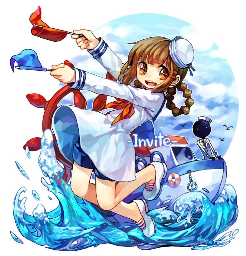 1girl, braid, deemo, deemo_(character), flag, full_body, alice_(deemo), harrymiao, highres, invite_(deemo), jumping, looking_at_viewer, sailor, ship, shorts, smile, song_name, twin_braids, water, watercraft