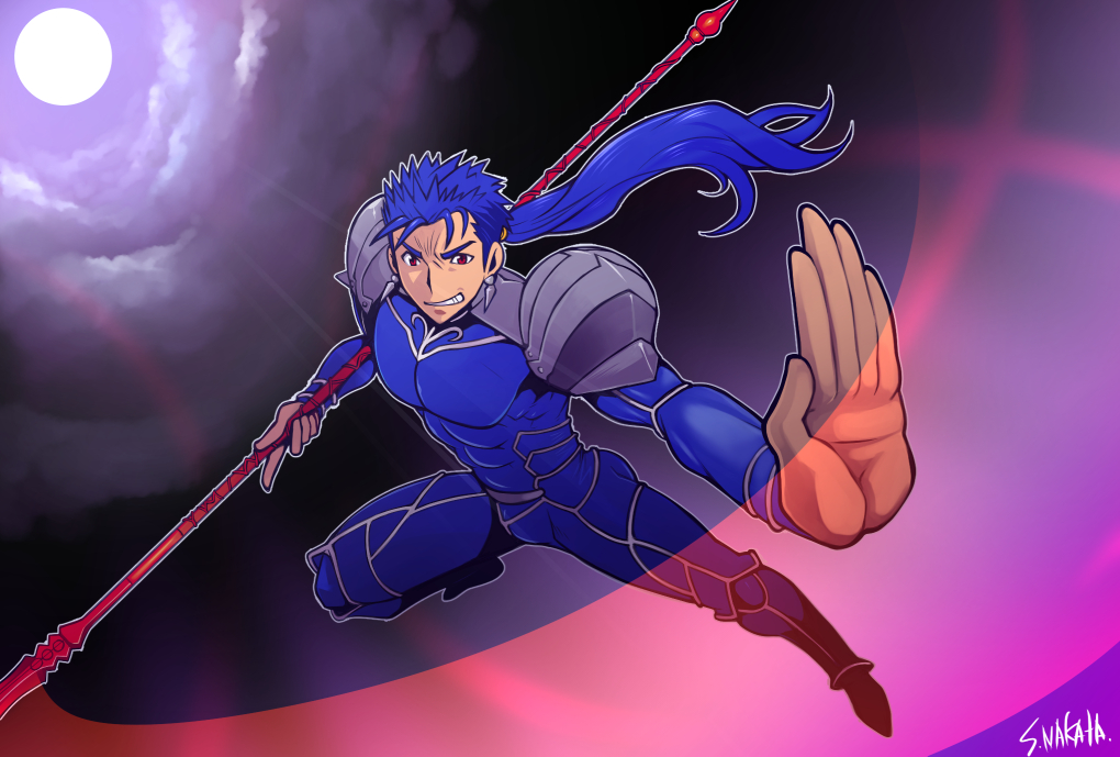 1boy, blue_hair, cu_chulainn_(fate), cu_chulainn_(fate/stay_night), cu_chulainn_(lancer)_(fate), fate/stay_night, fate_(series), full_moon