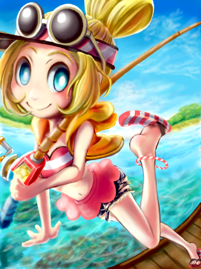 1girl, blonde_hair, blue_eyes, copella_(surechigai_fishing), coraline_(ultimate_angler), fishing_rod, looking_at_viewer, nintendo
