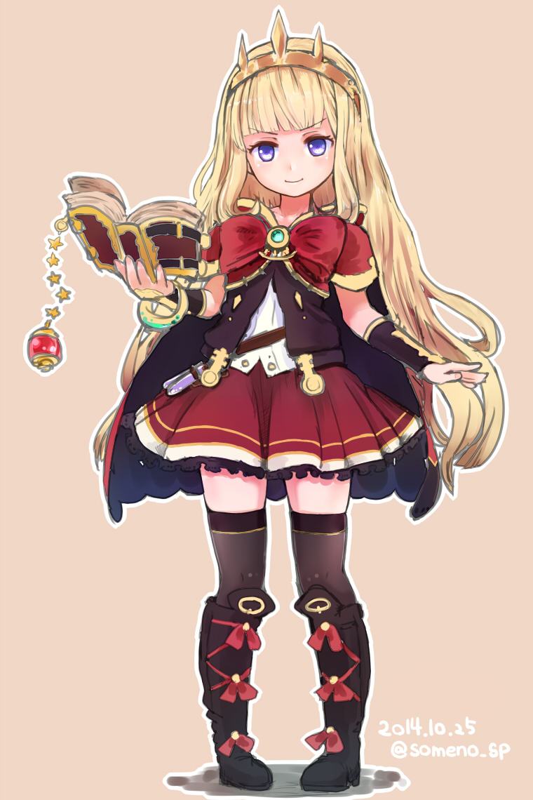10s, 1girl, black_thighhighs, blonde_hair, blunt_bangs, book, boots, brown_theme