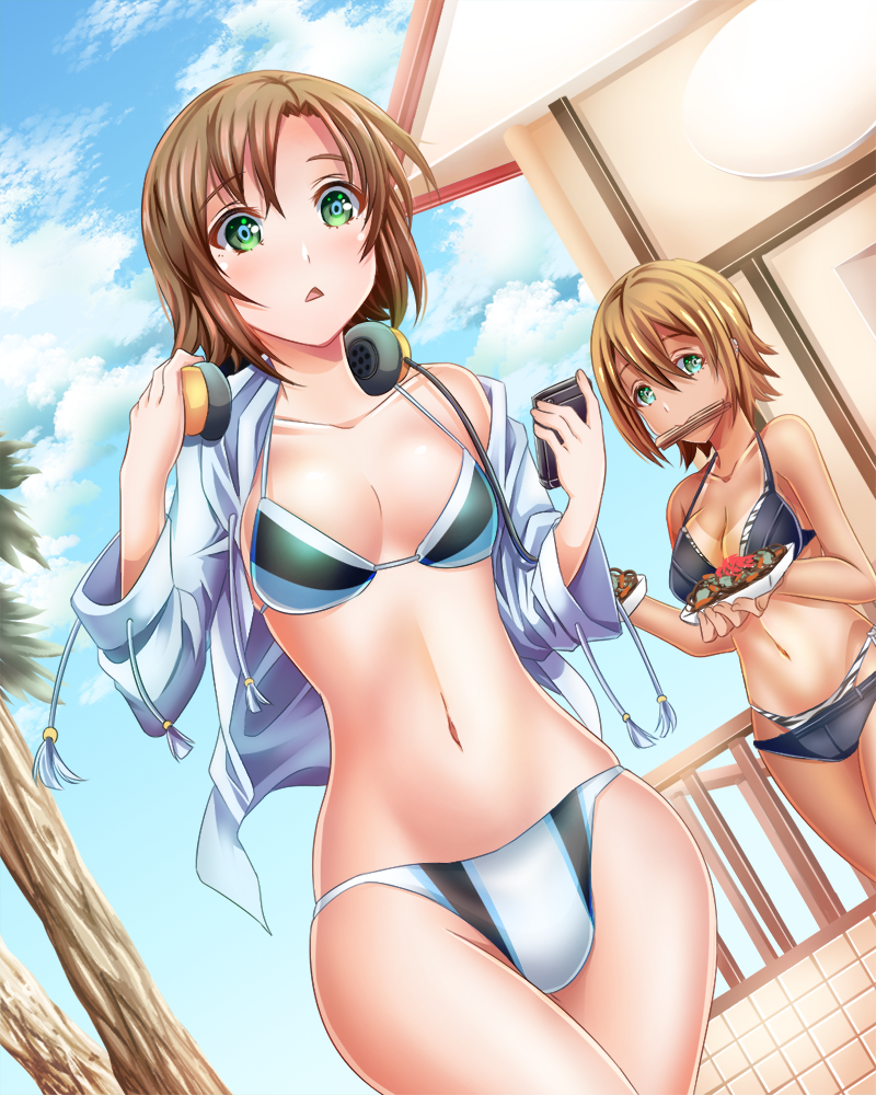 10s, 2girls, beach, bikini, breasts, brown_hair, cleavage, crow_(crowatelier), day, dutch_angle, earrings, green_eyes, headphones, idolmaster, idolmaster_cinderella_girls, jewelry, jitome, kimura_natsuki, large_breasts, looking_at_viewer, medium_breasts, midriff, mouth_hold, multiple_girls, navel, open_mouth, outdoors, short_hair, stomach, swimsuit, tada_riina, tan, tankini, tanline, triangle_mouth