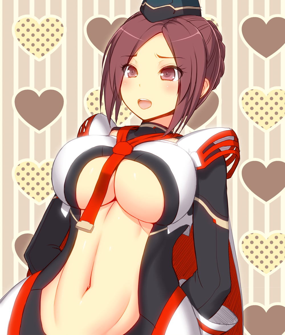 1girl, :d, armor, arms_behind_back, asamura_hiori, blush, breastplate, breasts, brown_eyes, brown_hair, cape, center_opening, curvy, edea_cluster, eyes_visible_through_hair, faulds, female_focus, garrison_cap, groin, hat, heart, heart_background, hip_focus, large_breasts, leotard, looking_at_viewer, navel, necktie, no_bra, open_mouth, pauldrons, phantasy_star, phantasy_star_online_2, polka_dot, purple_eyes, purple_hair, seraphy, short_hair, shoulder_armor, smile, solo, striped_background, thick_thighs, thighs, turtleneck, underboob, upper_body, vertical_stripes, wide_hips