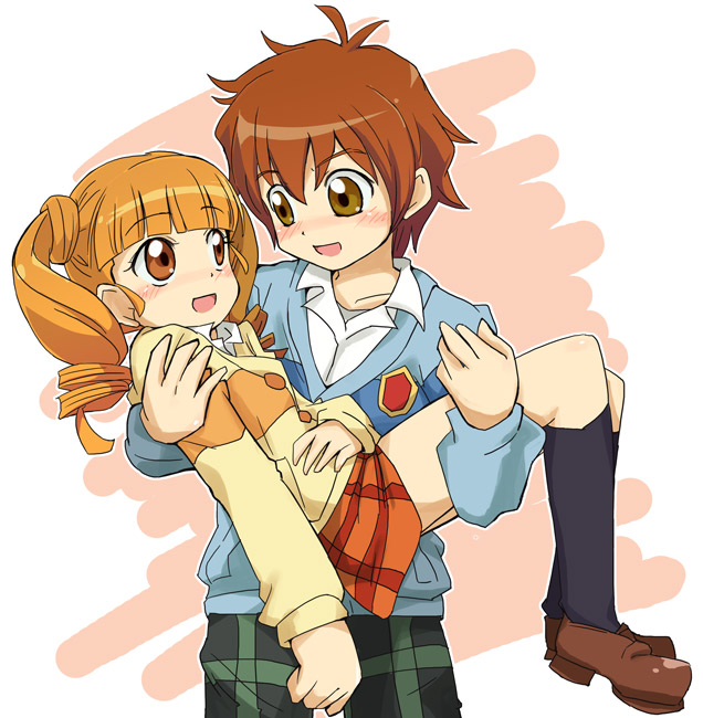 00s, 1boy, 1girl, brown_eyes, brown_footwear, brown_hair, carrying, collared_shirt