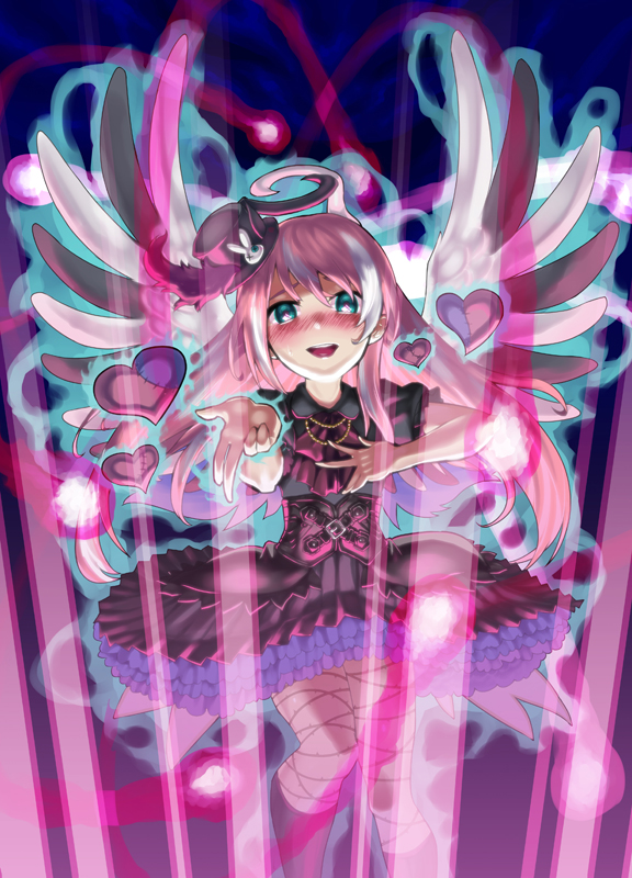 1girl, :d, angel_wings, blue_eyes, blush, dress, duel_monster, female_focus, ghostrick_angel_of_mischief, ghostrick_dorklord, heart, open_mouth, pink_hair, smile, solo, waste-man, wings, yu-gi-oh!
