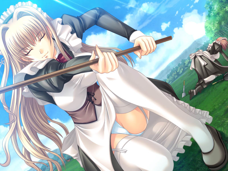 2girls, all_fours, chiba_chinatsu, cloud, duel, dutch_angle, closed_eyes, game_cg
