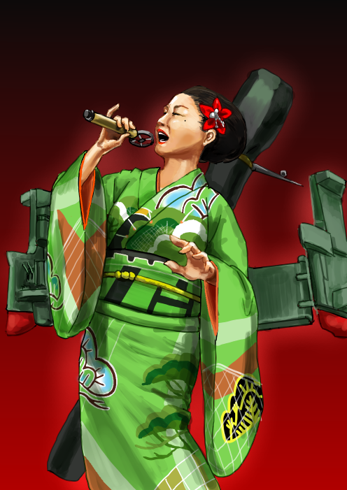 10s, 1girl, amagi_(kancolle), closed_eyes, female_focus, flower, hair_flower, hair_ornament, ishikawa_sayuri, japanese_clothes, kantai_collection, kimono, microphone, mole, mole_under_eye, music, nishinishi_(nagareboshi), open_mouth, pinky_out, pun, real_life, singing, solo