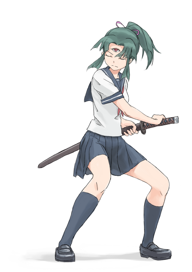 1girl, blue_skirt, extra_eyes, female_focus, fighting_stance, full_body, green_hair, hand_on_hilt